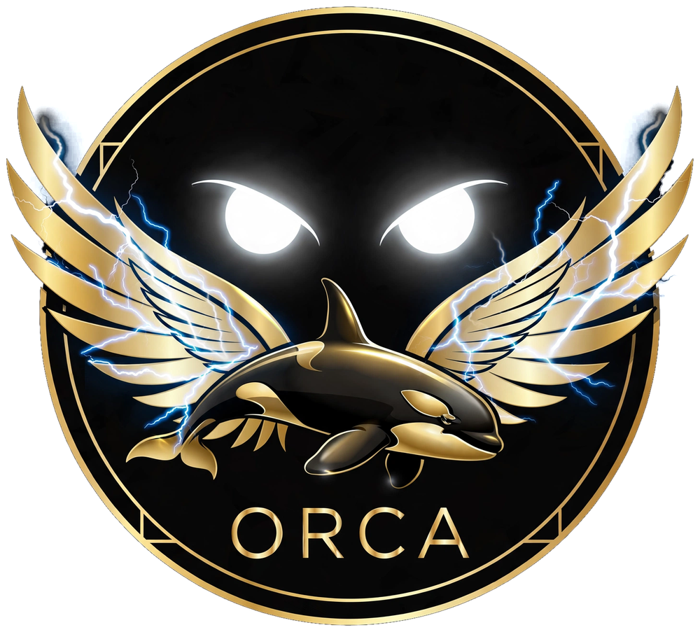 ORCA round badge: winged golden orca in a gold ring