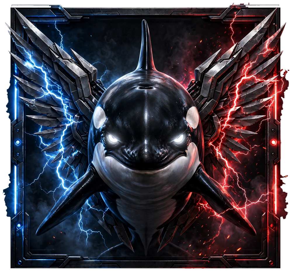 ORCA square emblem: an orca with metal wings between blue and red lightning